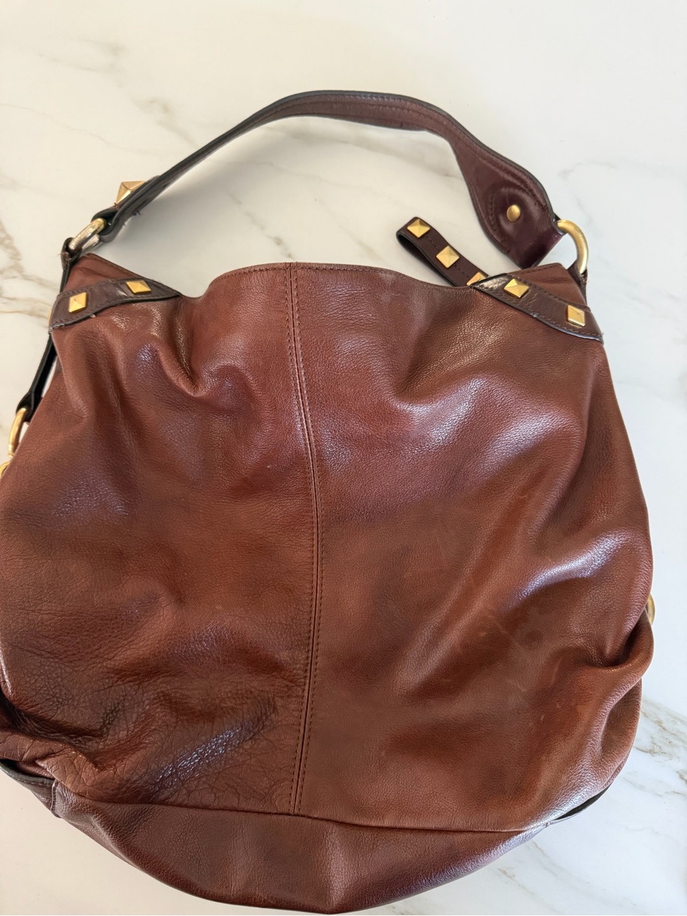 B. Makowsky Brown Leather Studded Hobo Shoulder Bag Tassel Purse